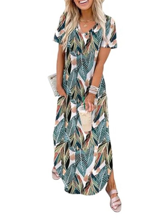 Dresses & Skirts - Womens V Neck Midi Dress Side Slit Casual Summer Vacation Beach Dress